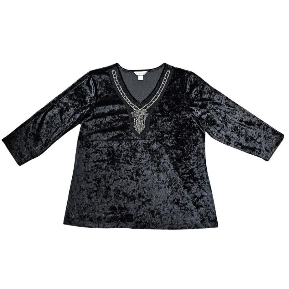 Whimsygoth Hippie Black Crushed Velvet Cold Shoulder Beaded VNeck 3/4 Sleeve Top - Picture 1 of 11